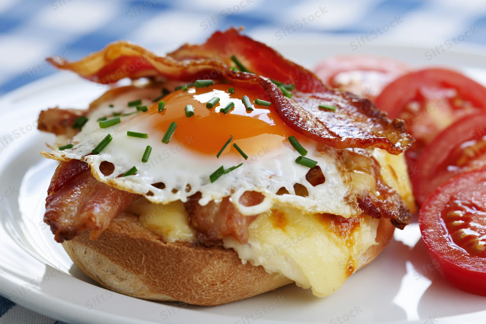 Open-faced bread roll sandwich topped with fried egg, bacon, cheese, and chives on a white plate with sliced tomatoes beside it