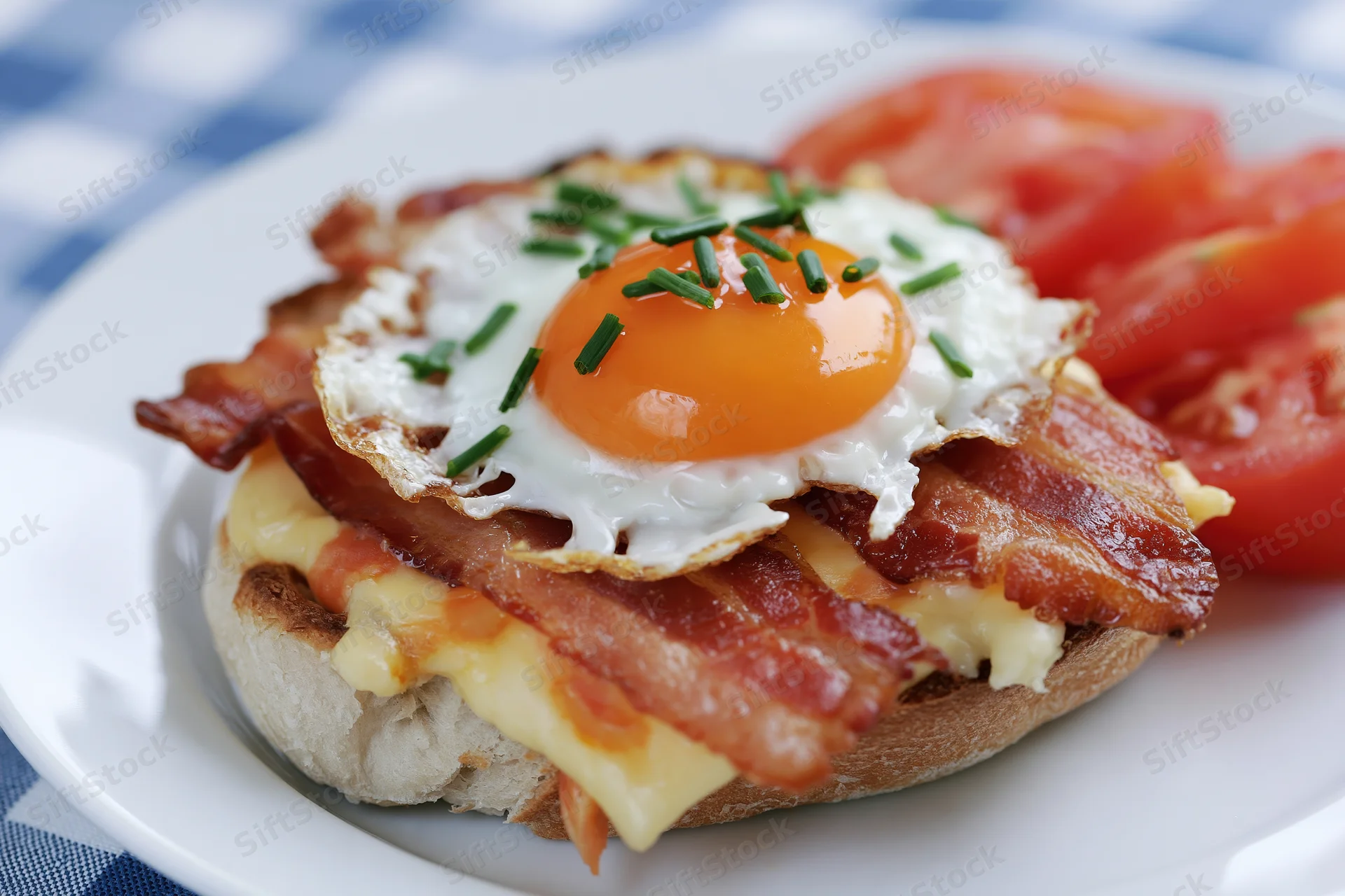 Open-faced bread roll sandwich topped with fried egg bacon cheese and chives on white plate with tomato slices and checkered cloth