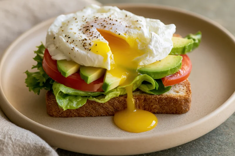 Open-faced breakfast sandwich with poached egg and avocado on toast on a round ceramic plate