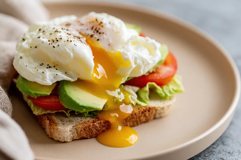Open-faced breakfast sandwich with poached egg and avocado on toast served on a round ceramic plate