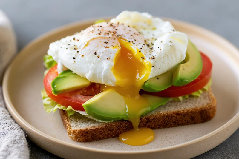 Open-faced breakfast sandwich with poached egg and avocado on toast served on a round ceramic plate