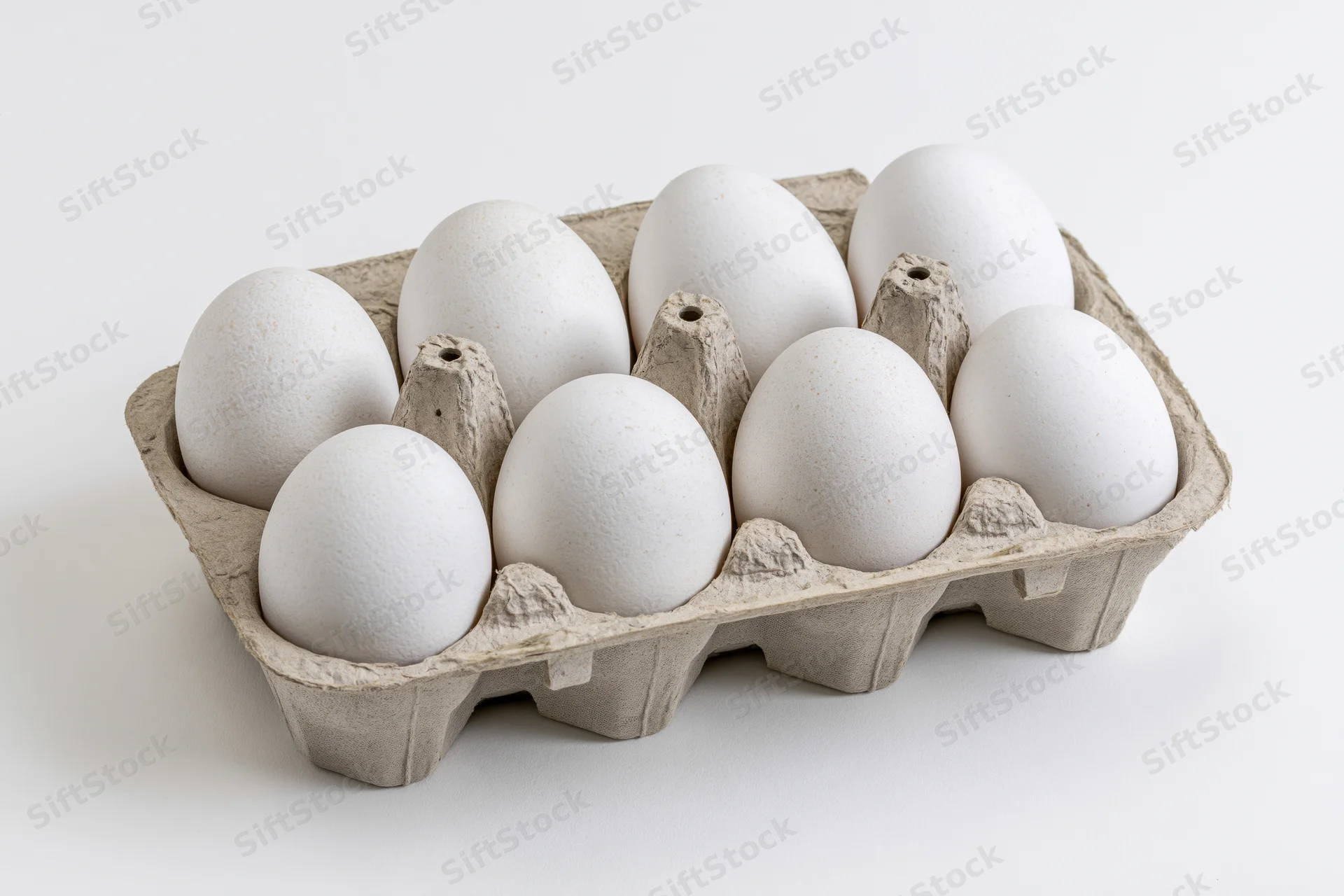 Ten white eggs arranged in an open cardboard carton on a plain white surface