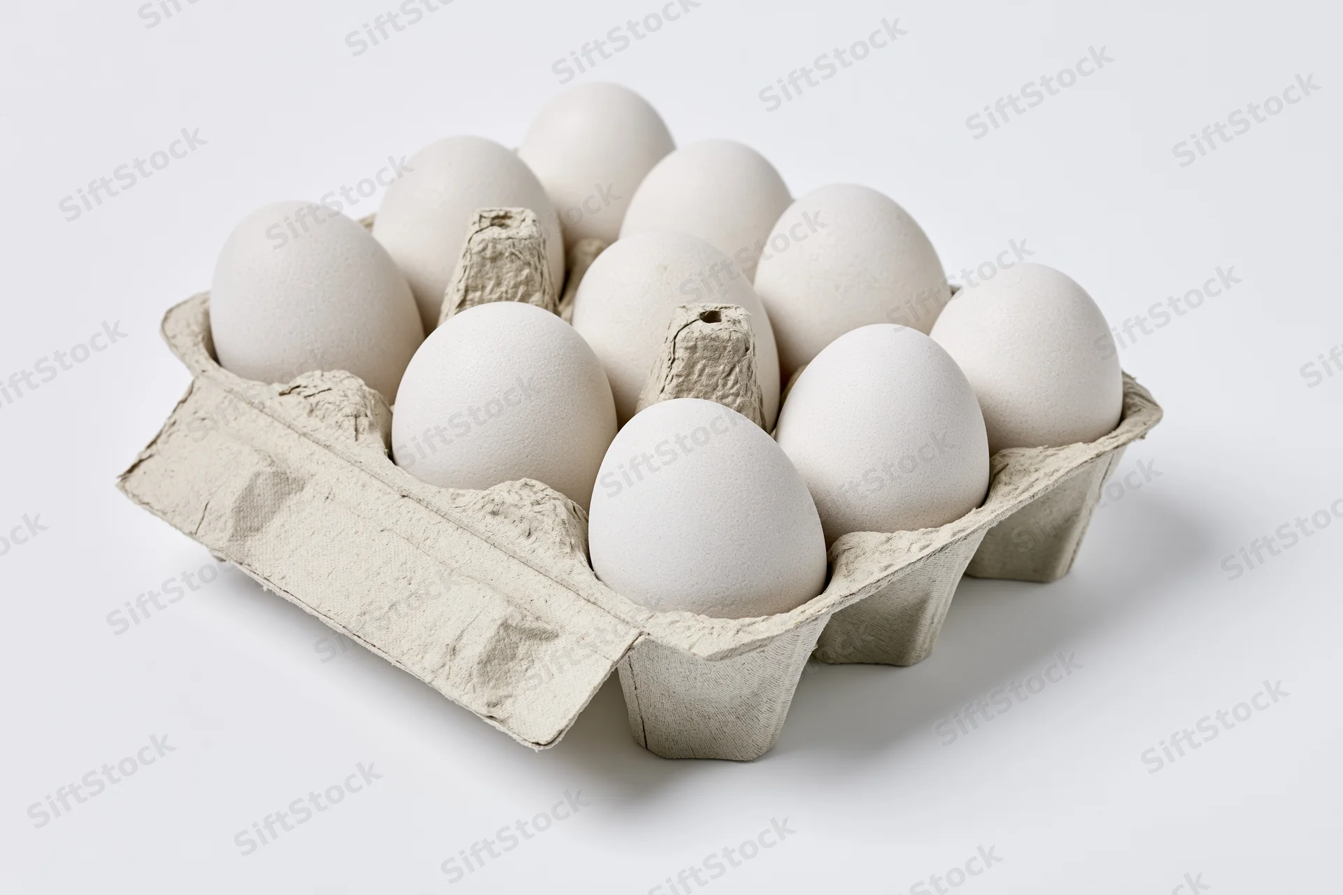 Open cardboard egg carton holding ten white eggs viewed from above on white background