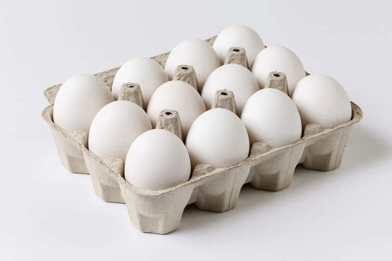 Open cardboard egg carton holding ten white eggs viewed from above on white background