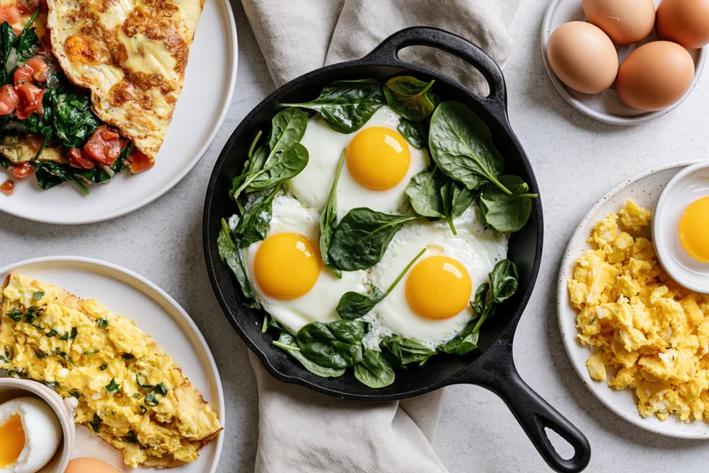 Multiple egg dishes arranged in a cast iron skillet and on plates in an overhead flat lay on a light surface