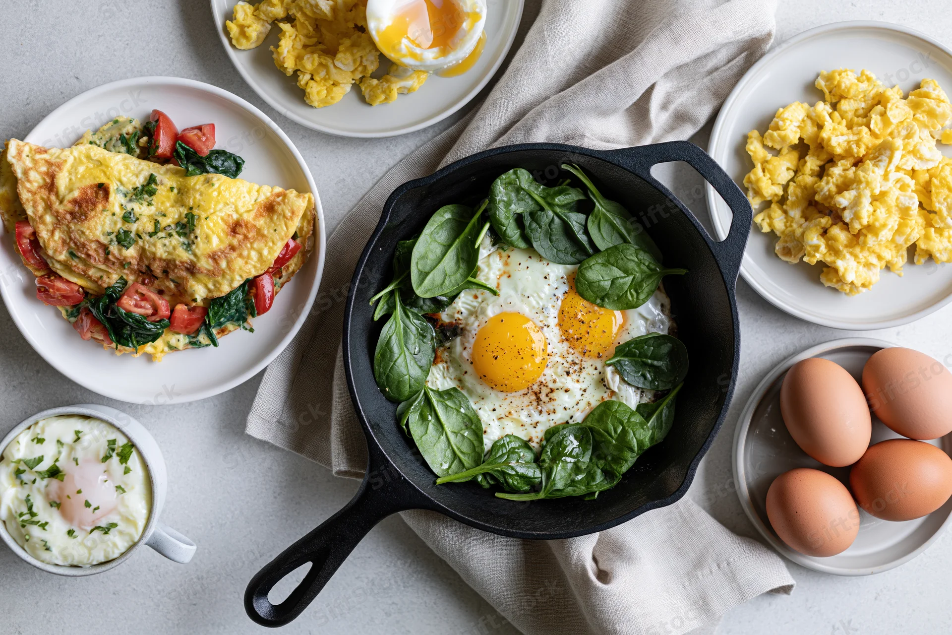 Overhead flat lay of multiple egg dishes arranged on a light surface with spinach, tomatoes, and cast iron skillet