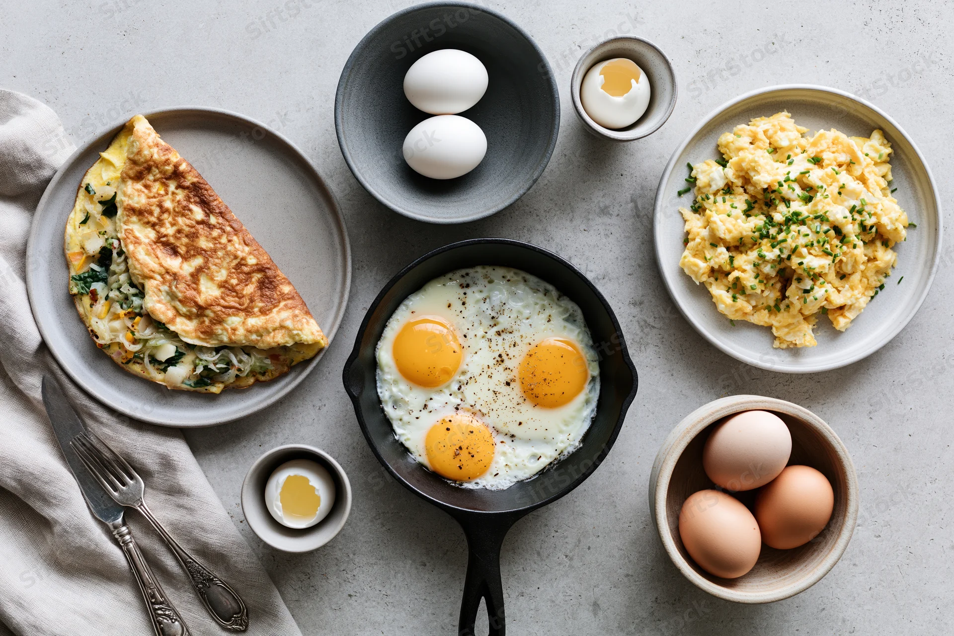 Overhead flat lay of various egg dishes arranged on a light gray countertop with utensils and bowls