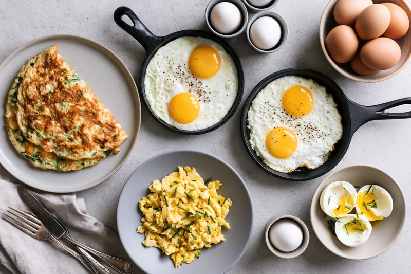 Various egg dishes arranged in skillets and bowls on a light countertop for breakfast