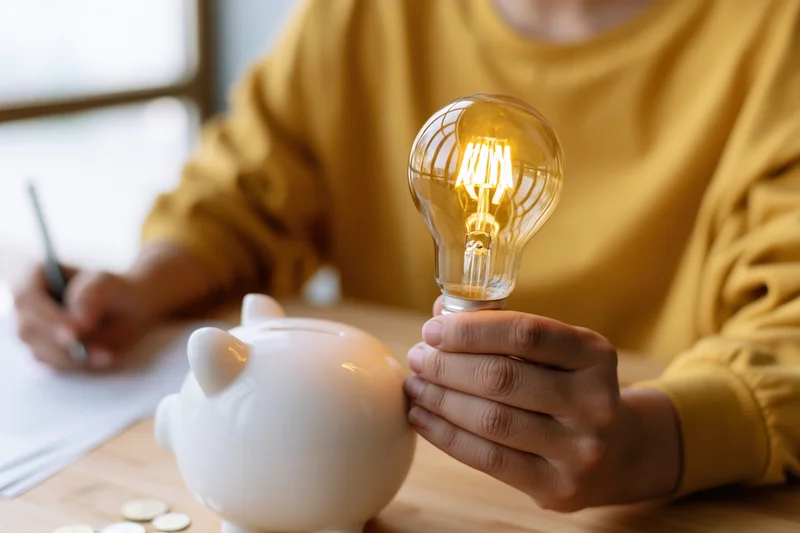 Person in yellow shirt holding glowing incandescent lightbulb while writing on paper at wooden desk with piggybank and coins nearby