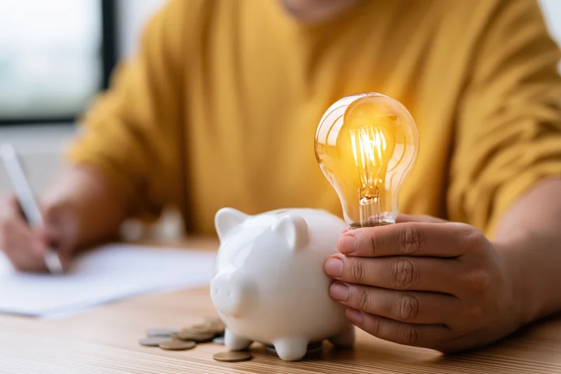 Person holding glowing lightbulb over piggybank while writing on paper at desk