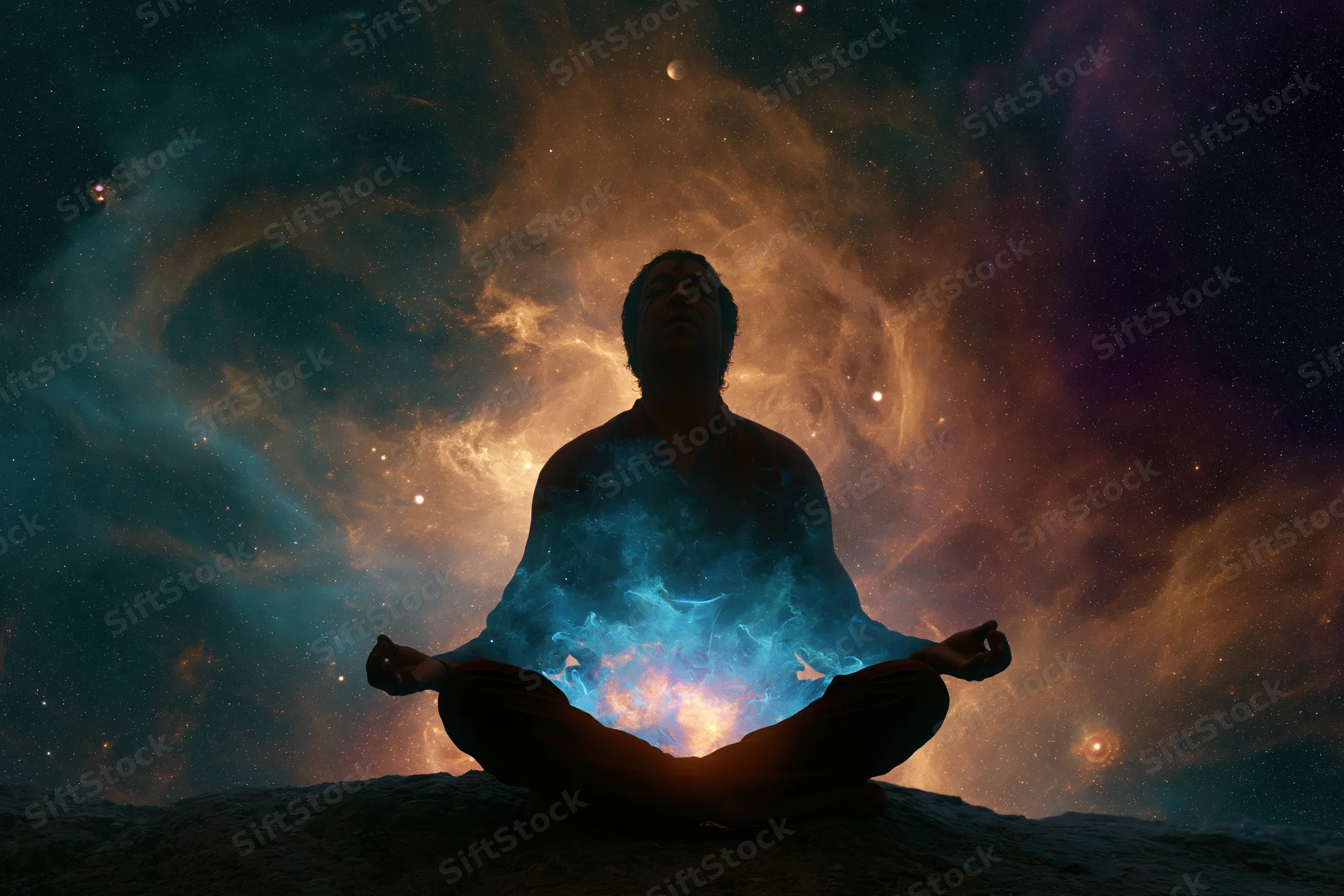 Person in lotus meditation pose on rock with cosmic nebula background