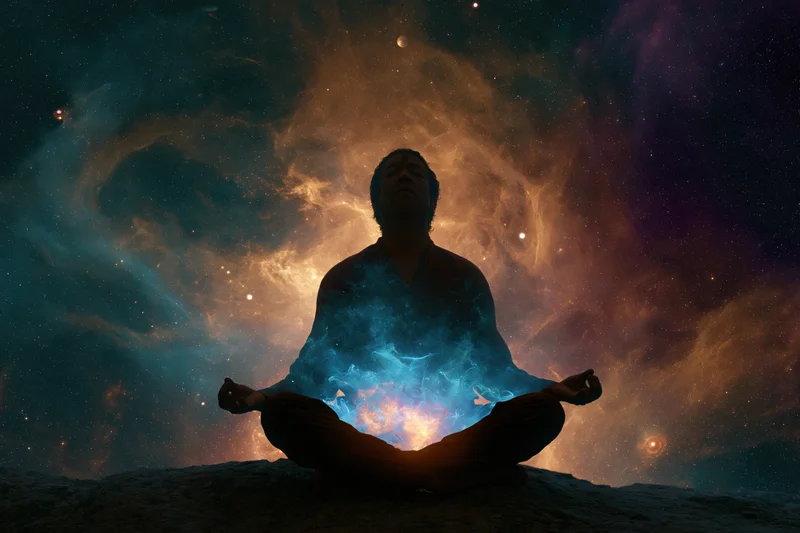 Person in lotus meditation pose on rock with cosmic nebula background