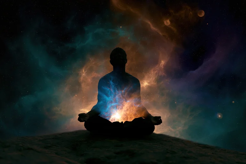 Man sitting cross-legged in lotus meditation pose on a rock under a cosmic nebula sky