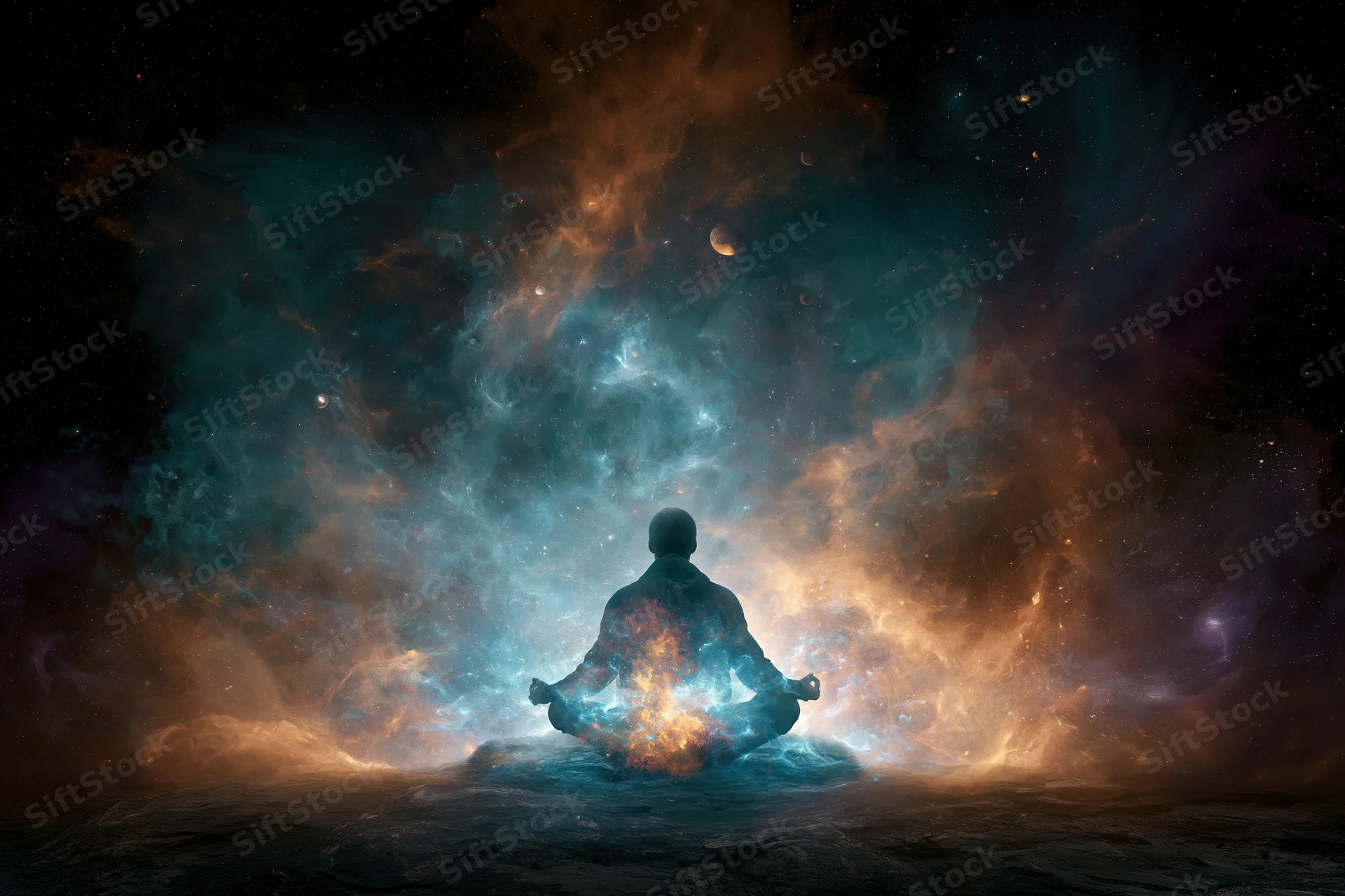 Person in lotus meditation pose on a rock floating in a cosmic nebula with stars and glowing energy