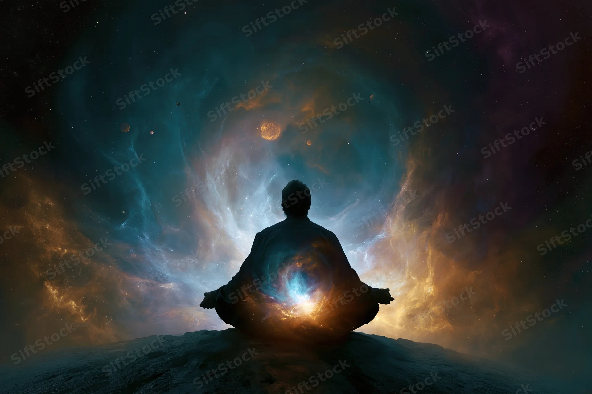 Person sitting crosslegged in lotus meditation pose on rocky surface facing cosmic nebula