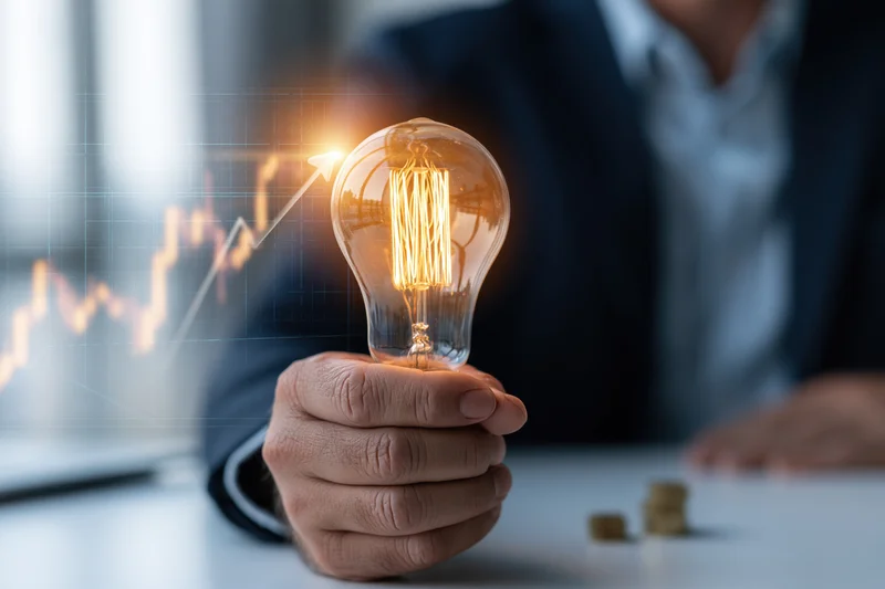 Hand holding glowing lightbulb over desk with graph and coins in office setting