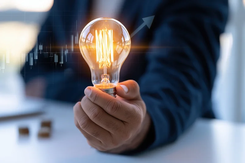 Hand holding glowing edison-style lightbulb over desk with financial chart overlay