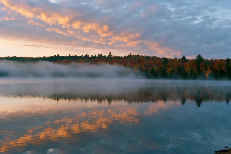 Calm lake reflecting autumn trees and misty sky at dawn