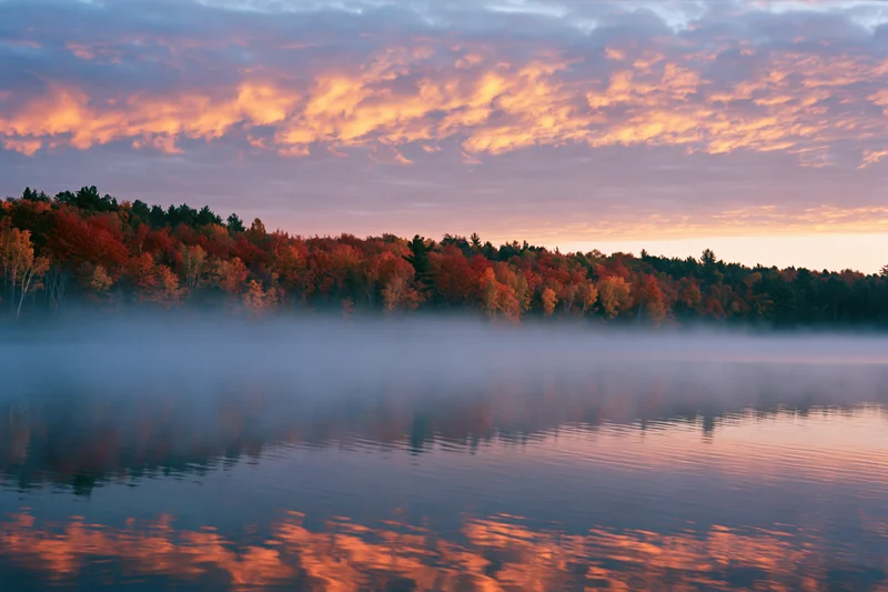 Calm lake reflecting autumn trees under misty sunrise sky