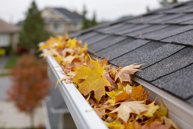 Autumn leaves clogged in white gutter on dark shingled roof of suburban house
