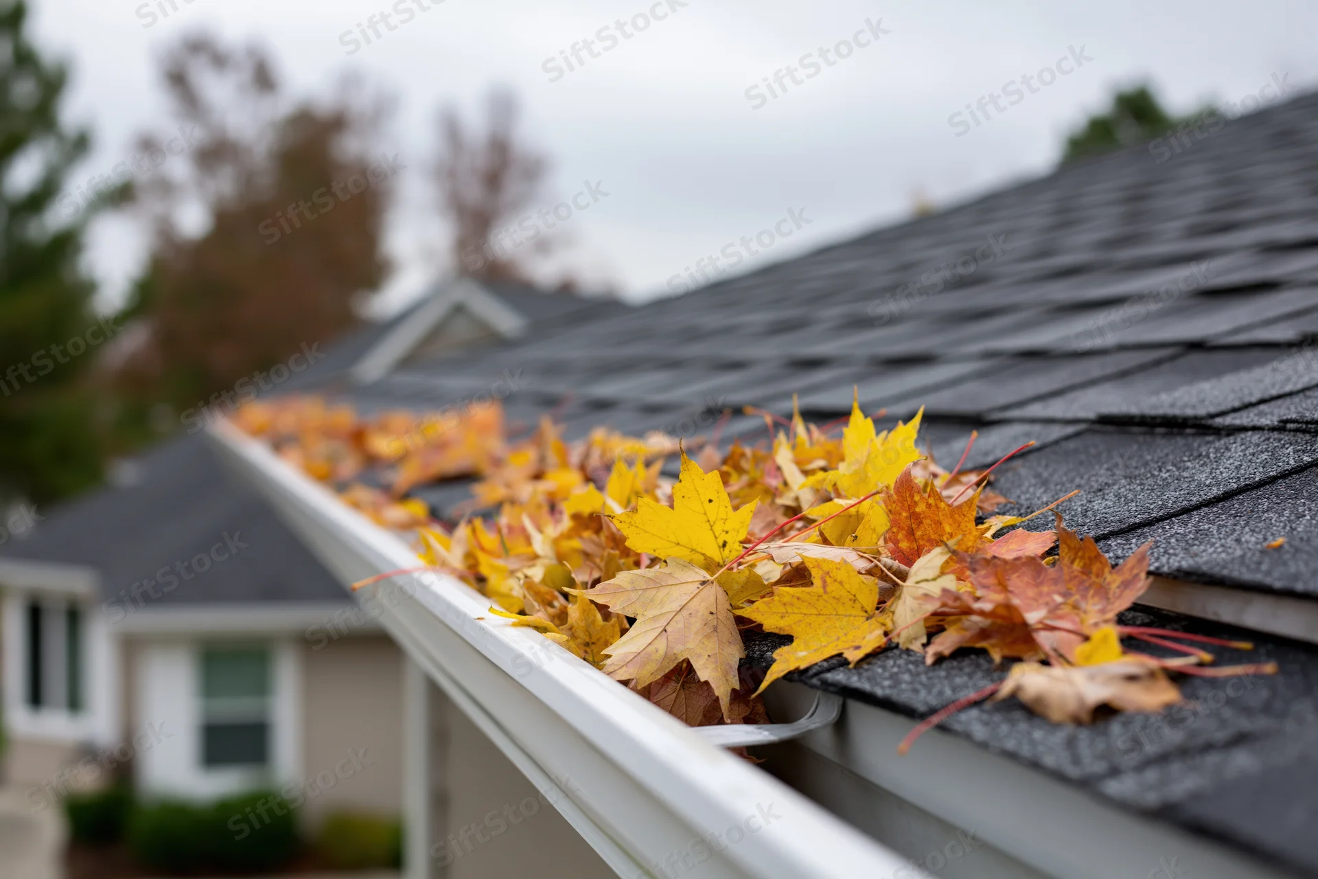 Autumn leaves clogged in white rain gutter on dark shingled roof of suburban house
