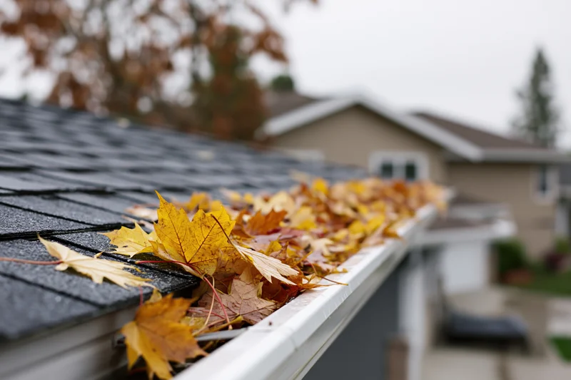 Autumn leaves clogged in white rain gutter on dark shingled roof of suburban house