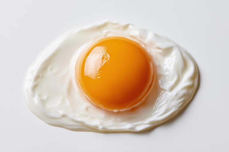Fried egg with intact yolk on flat white surface