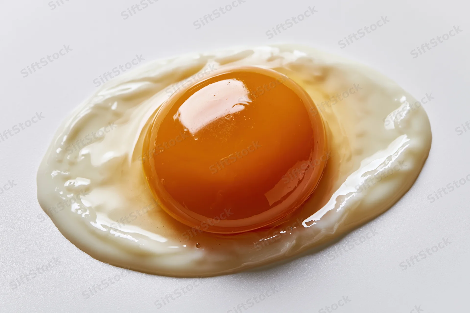Raw cracked egg with intact yolk resting on flat white surface