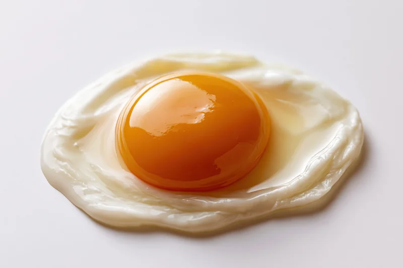 Fried egg with intact yolk on white surface