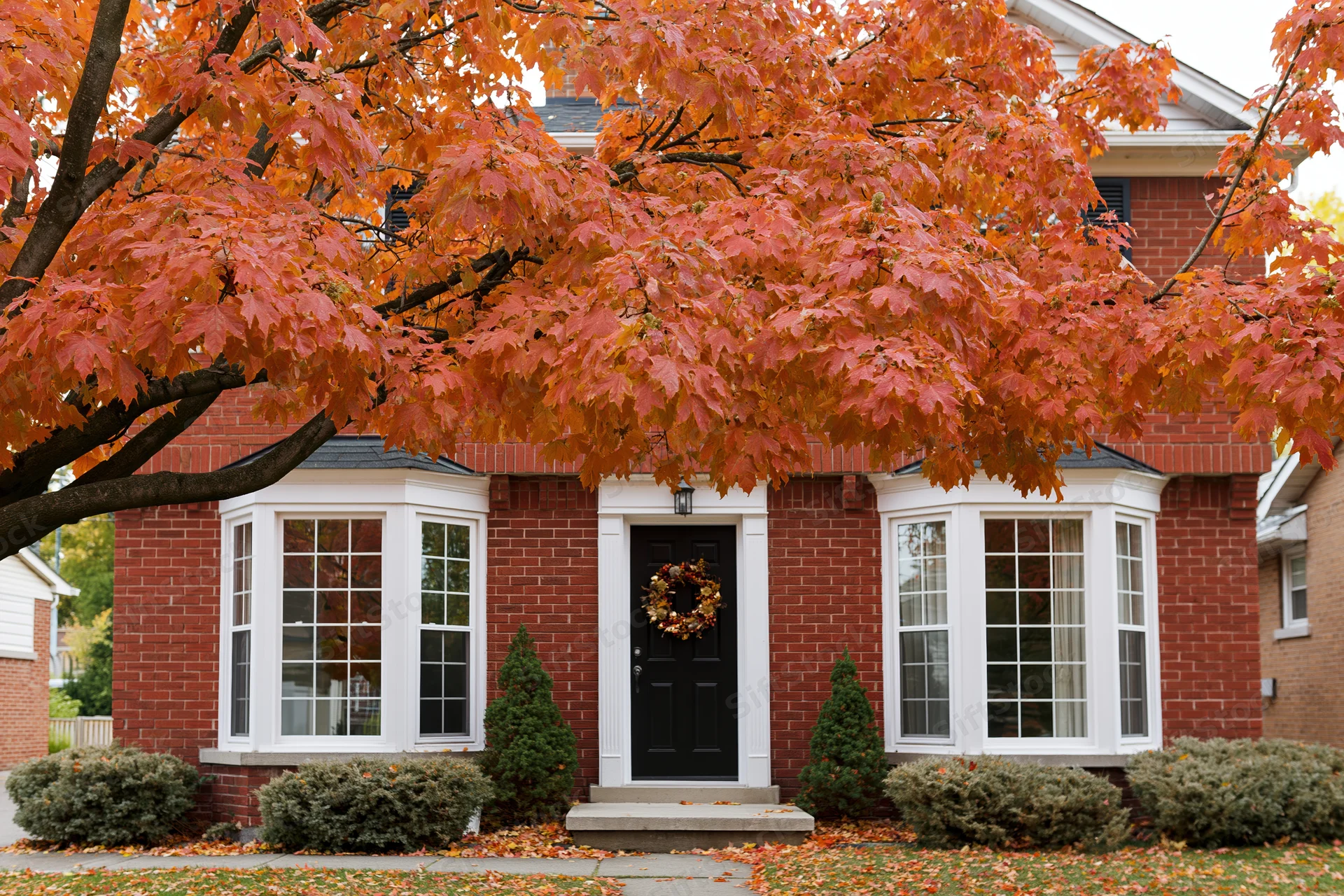 Red brick colonial house facade with black front door and autumn wreath under maple tree with orange leaves