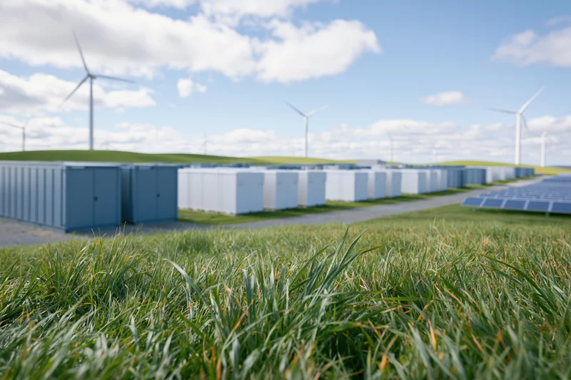 Renewable energy installation with wind turbines, solar panels and battery storage units on rolling green hills under a blue sky with clouds