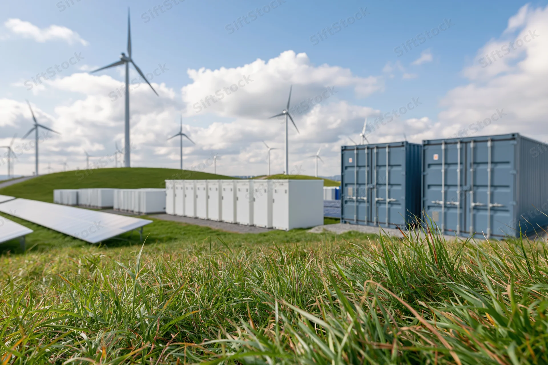 Renewable energy installation with wind turbines, solar panels and battery storage units on rolling green hills under a partly cloudy sky