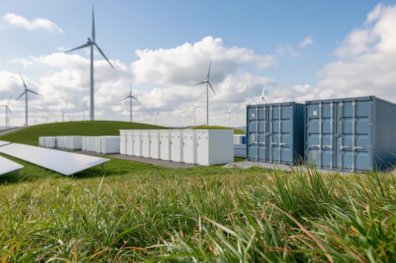 Renewable energy installation with wind turbines, solar panels and battery storage units on rolling green hills under a partly cloudy sky