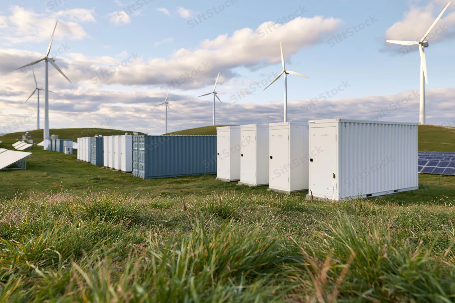 Wind turbines and solar panels with battery storage containers on rolling green hills under a partly cloudy sky