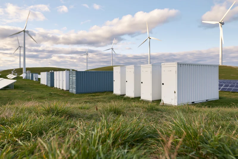 Wind turbines and solar panels with battery storage containers on rolling green hills under a partly cloudy sky
