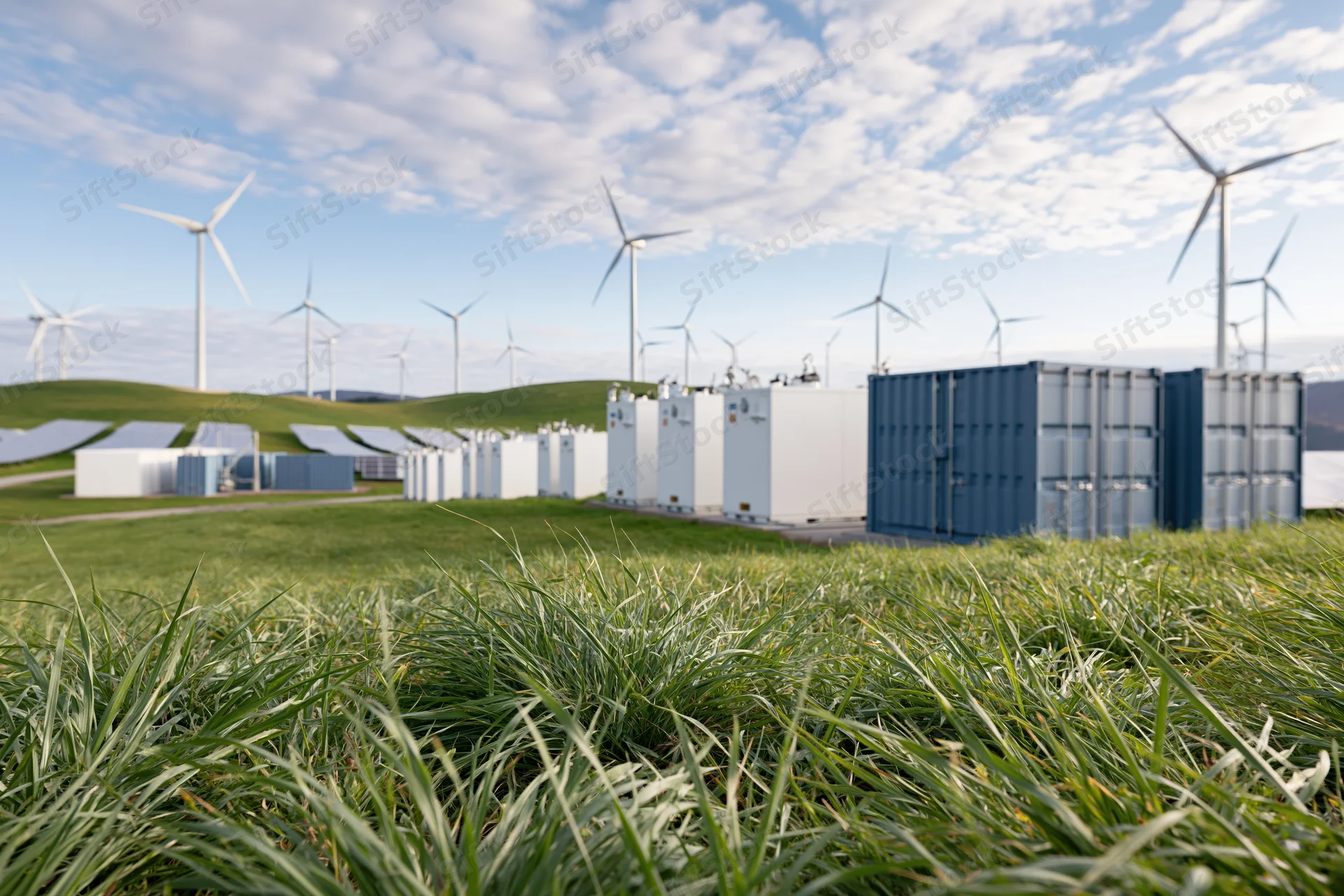 Wind turbines and solar panels with battery storage units arranged on rolling green hills under a partly cloudy sky