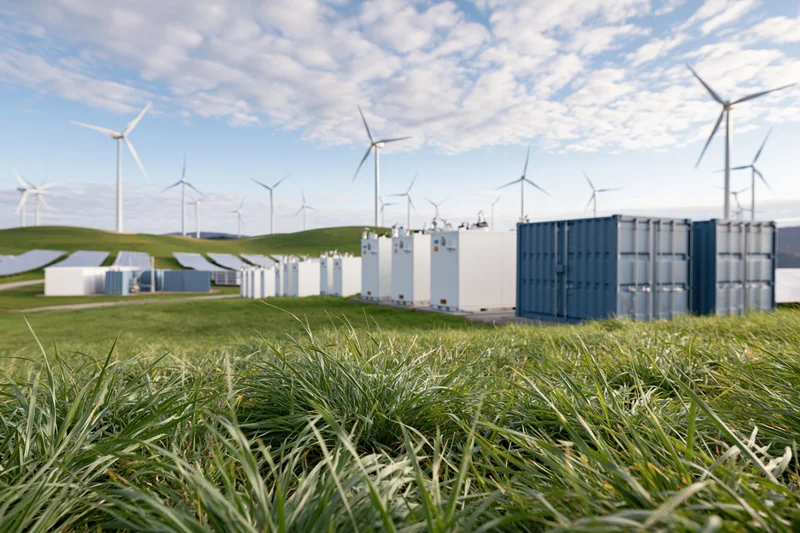Wind turbines and solar panels with battery storage units arranged on rolling green hills under a partly cloudy sky
