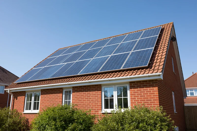 Brick house with solar panels mounted on the roof in a residential neighborhood