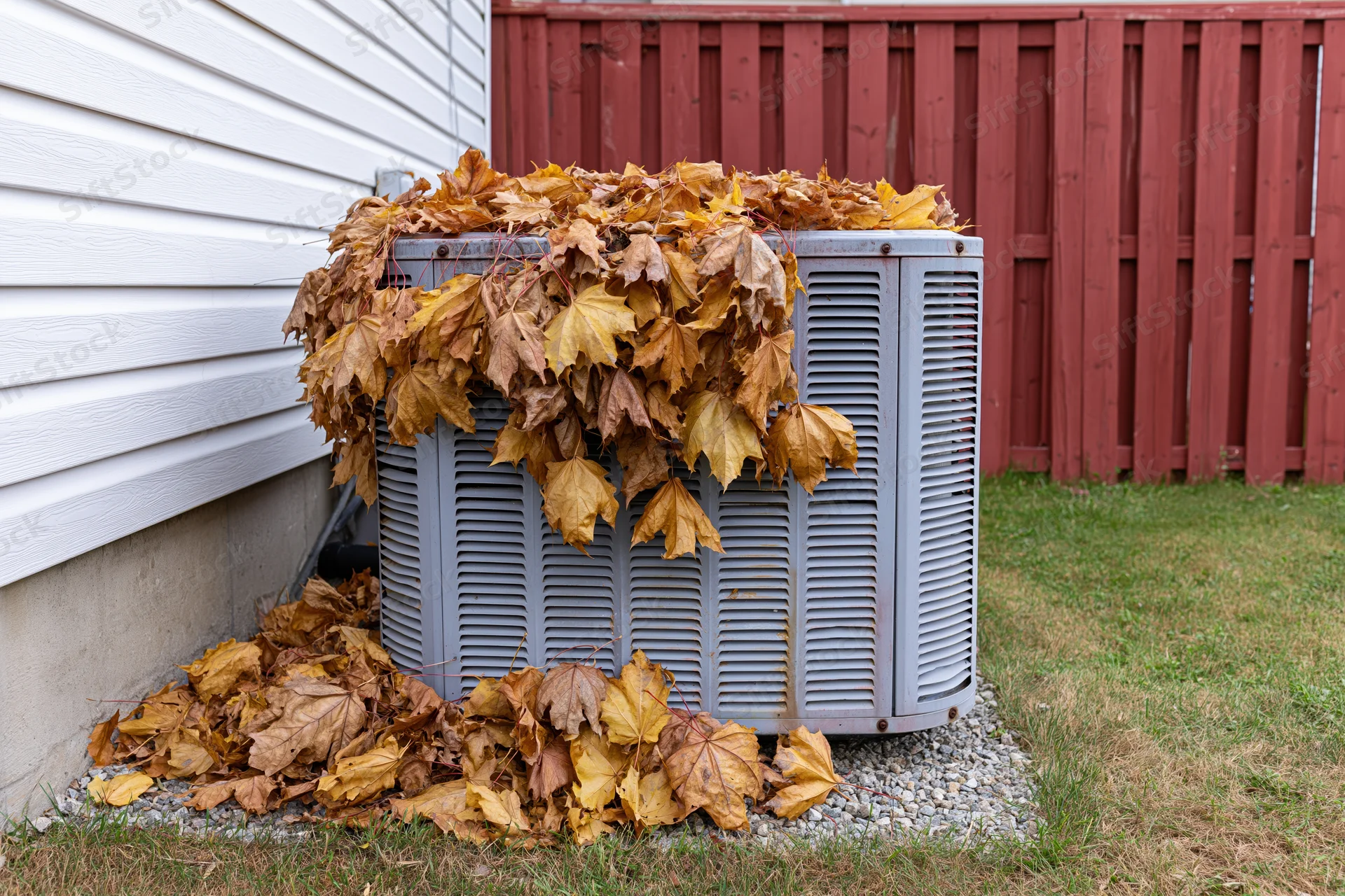 Outdoor air conditioning condenser unit covered in fallen autumn leaves in a residential backyard