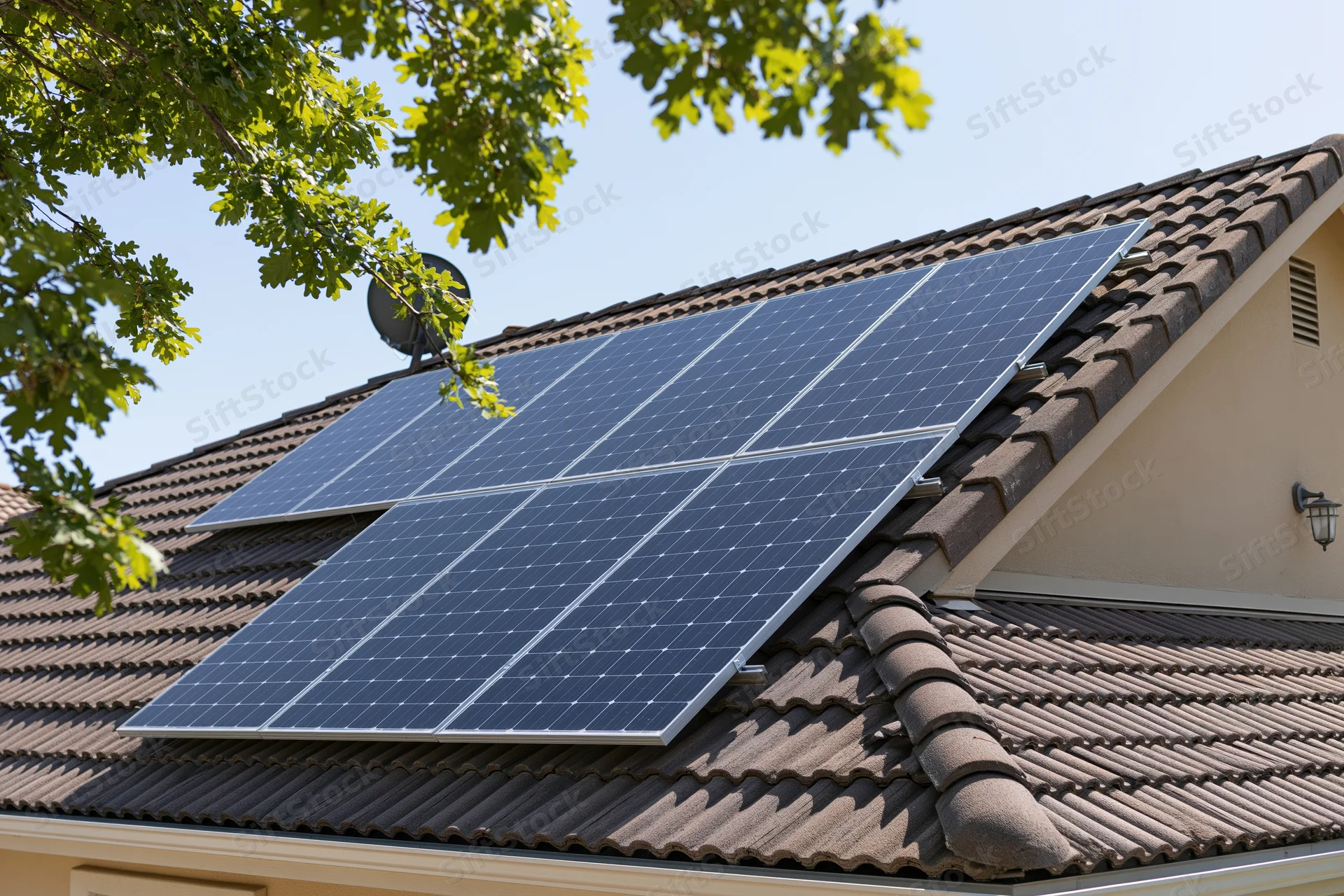 Solar panels installed on a residential rooftop under clear sky with tree branches in view