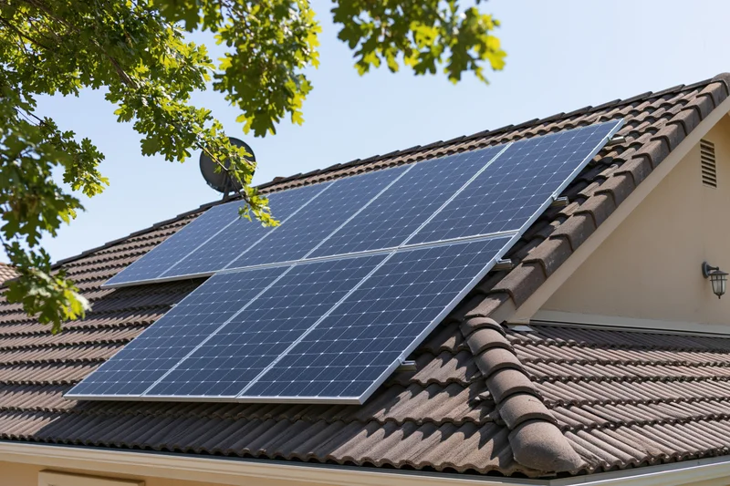 Solar panels installed on a residential rooftop under clear sky with tree branches in view