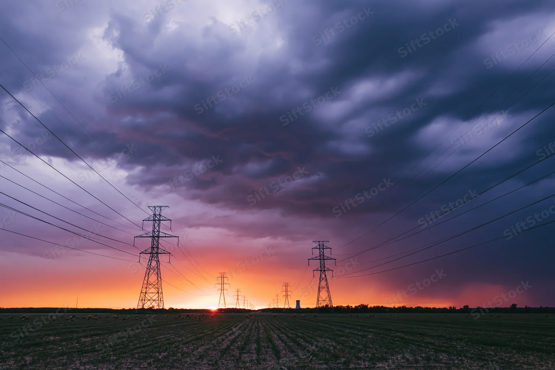 Row of high-voltage electricity pylons stretching across a flat rural field at sunset under stormy clouds