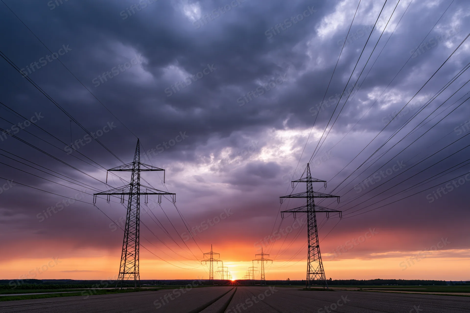 Row of high-voltage electricity pylons stretching across a rural field at sunset