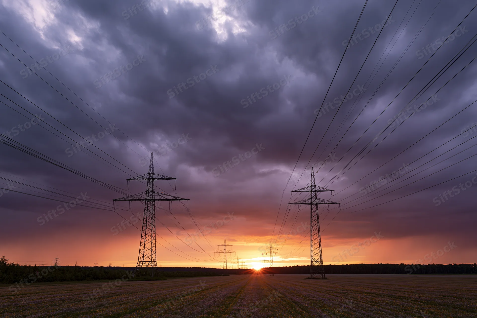 High-voltage electricity pylons stretching across a harvested field at sunset