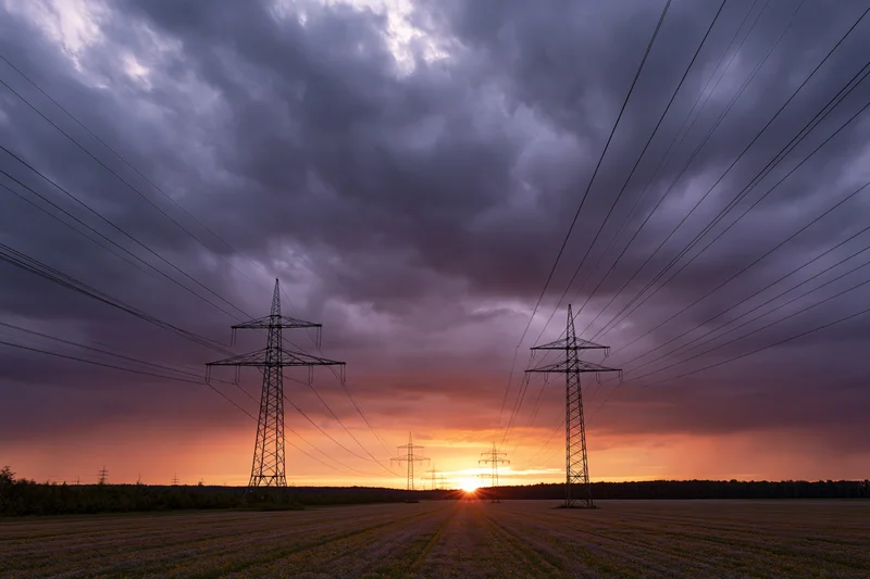 High-voltage electricity pylons stretching across a harvested field at sunset