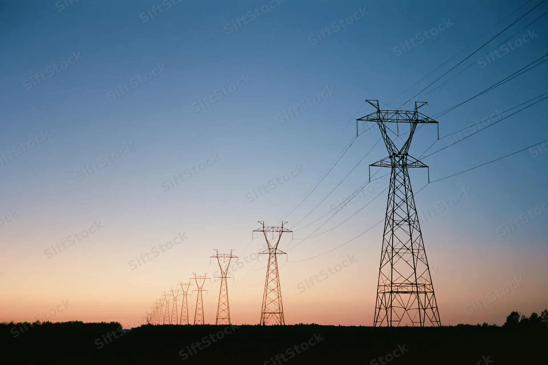 Row of high-voltage electricity transmission towers receding into the distance against a twilight sky