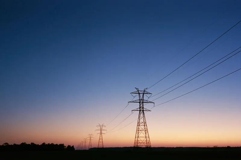 Row of high-voltage electricity transmission towers receding into the horizon at twilight over a rural field