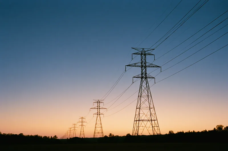 Row of high-voltage electricity transmission towers receding into the distance at sunset over a rural field