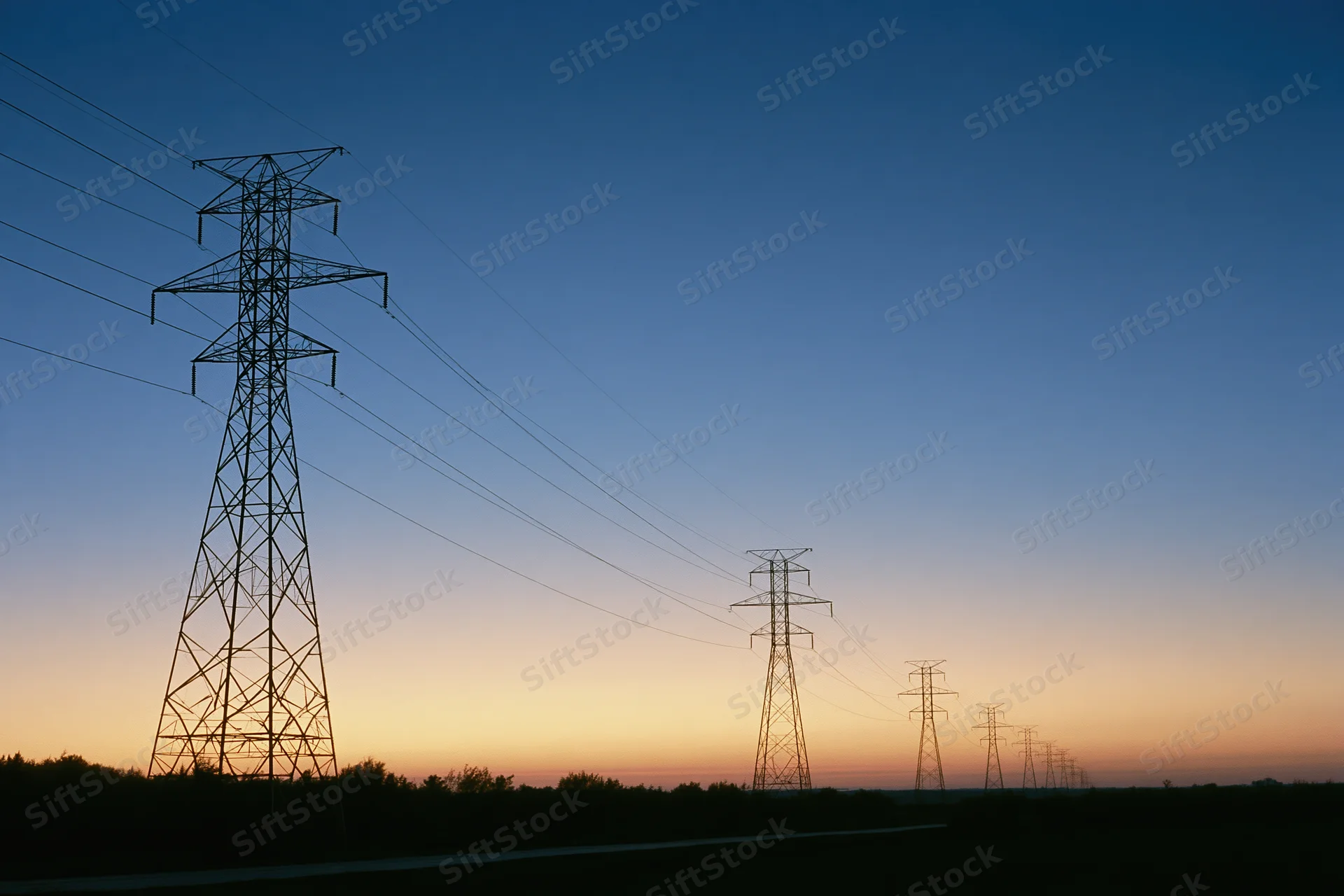 Row of high-voltage electricity transmission towers receding into the distance at dusk over a rural landscape
