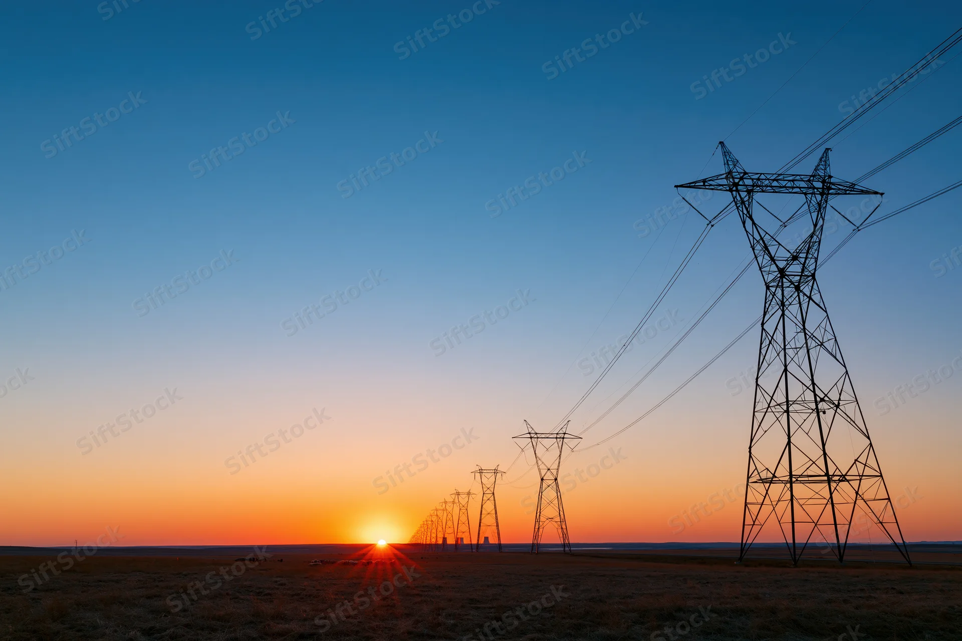 Row of high-voltage electricity transmission towers silhouetted against a sunset sky in a rural field